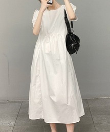 ギャザー切替パフ袖ワンピース
