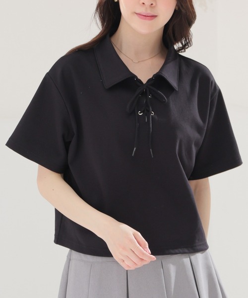 Honeys(ハニーズ)の「レースアップトップス(Tシャツ/カットソー・レディース・レッド/ホワイト/杢グレー/ブラック・S/M/L)」の3枚目の写真