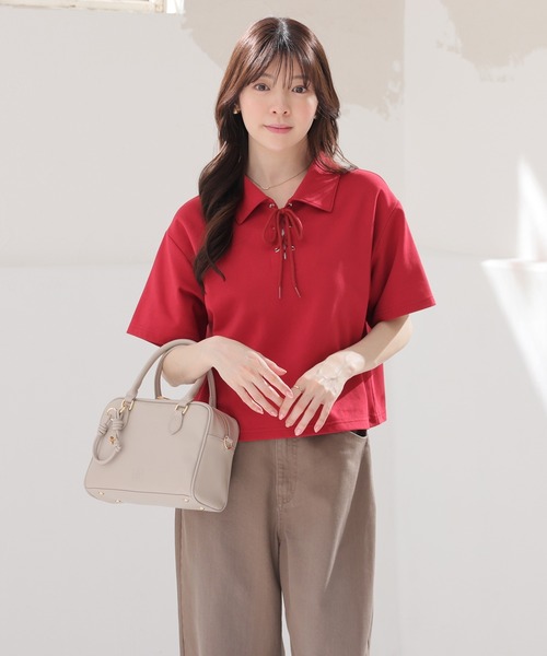 Honeys(ハニーズ)の「レースアップトップス(Tシャツ/カットソー・レディース・レッド/ホワイト/杢グレー/ブラック・S/M/L)」の9枚目の写真