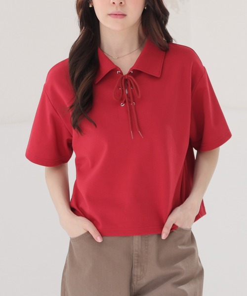Honeys(ハニーズ)の「レースアップトップス(Tシャツ/カットソー・レディース・レッド/ホワイト/杢グレー/ブラック・S/M/L)」の8枚目の写真