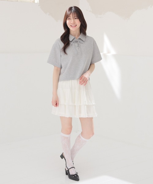 Honeys(ハニーズ)の「レースアップトップス(Tシャツ/カットソー・レディース・レッド/ホワイト/杢グレー/ブラック・S/M/L)」の7枚目の写真