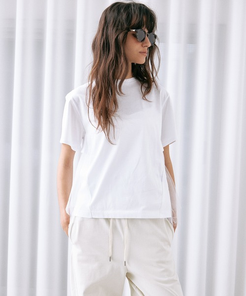LE CIEL BLEU(ルシェルブルー)の「チュールパネルAラインTシャツ / Tulle Panel A-Line T-Shirt(Tシャツ/カットソー・レディース・ブラック/オフホワイト・36)」の4枚目の写真