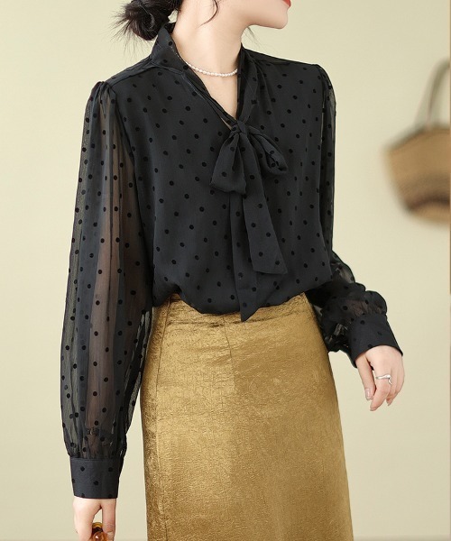 LUCPY（ラクピー）の「ドットシアーボウタイブラウス（シャツ/ブラウス・レディース・ブラック/ホワイト・XX-LARGE/X-LARGE/LARGE/MEDIUM）」の2枚目の写真