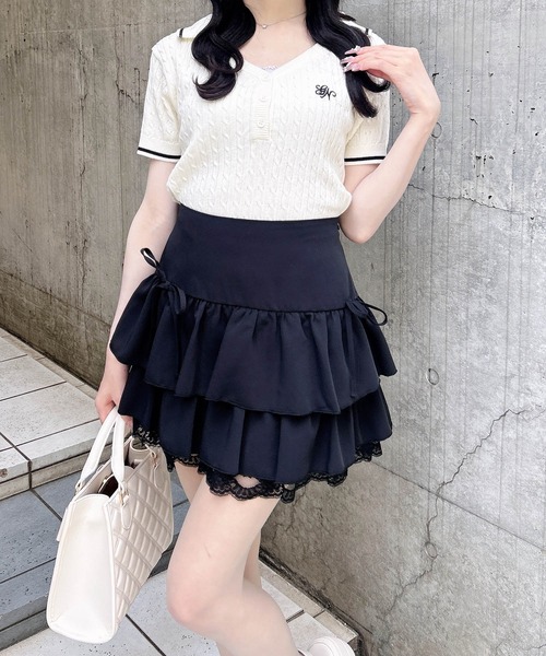 INGNI(イング)の「ケーブル柄ヘンリースキッパー半袖ニット(ニット/セーター・レディース・ホワイト×ブラック/ネイビー系/ピンク系2・M)」の5枚目の写真