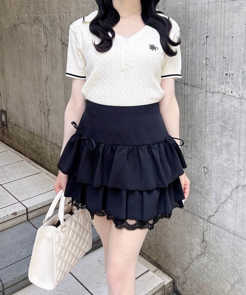 INGNI(イング)の「ケーブル柄ヘンリースキッパー半袖ニット(ニット/セーター・レディース・ホワイト×ブラック/ネイビー系/ピンク系2・M)」の6枚目の写真