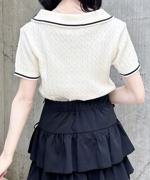 INGNI(イング)の「ケーブル柄ヘンリースキッパー半袖ニット(ニット/セーター・レディース・ホワイト×ブラック/ネイビー系/ピンク系2・M)」の8枚目の写真