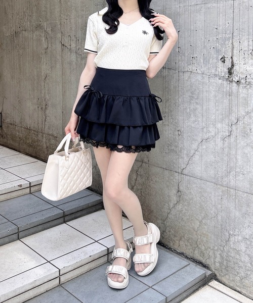 INGNI(イング)の「ケーブル柄ヘンリースキッパー半袖ニット(ニット/セーター・レディース・ホワイト×ブラック/ネイビー系/ピンク系2・M)」の10枚目の写真