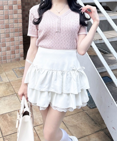 INGNI(イング)の「ケーブル柄ヘンリースキッパー半袖ニット(ニット/セーター・レディース・ホワイト×ブラック/ネイビー系/ピンク系2・M)」の18枚目の写真