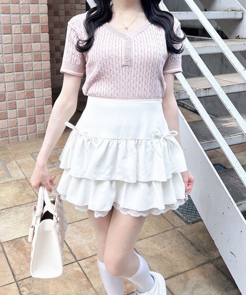 INGNI(イング)の「ケーブル柄ヘンリースキッパー半袖ニット(ニット/セーター・レディース・ホワイト×ブラック/ネイビー系/ピンク系2・M)」の19枚目の写真