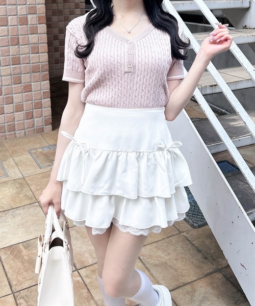 INGNI(イング)の「ケーブル柄ヘンリースキッパー半袖ニット(ニット/セーター・レディース・ホワイト×ブラック/ネイビー系/ピンク系2・M)」の20枚目の写真