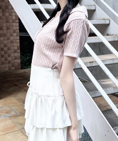 INGNI(イング)の「ケーブル柄ヘンリースキッパー半袖ニット(ニット/セーター・レディース・ホワイト×ブラック/ネイビー系/ピンク系2・M)」の21枚目の写真