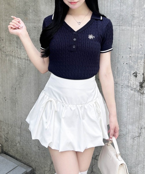INGNI(イング)の「ケーブル柄ヘンリースキッパー半袖ニット(ニット/セーター・レディース・ホワイト×ブラック/ネイビー系/ピンク系2・M)」の13枚目の写真