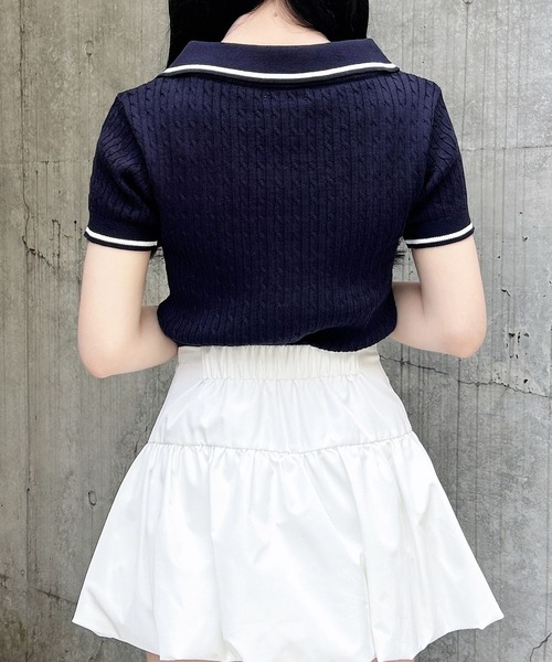 INGNI(イング)の「ケーブル柄ヘンリースキッパー半袖ニット(ニット/セーター・レディース・ホワイト×ブラック/ネイビー系/ピンク系2・M)」の15枚目の写真
