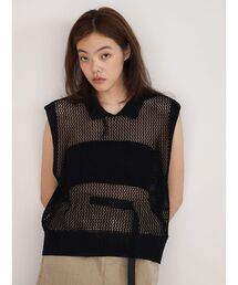 2way collared mesh knit top