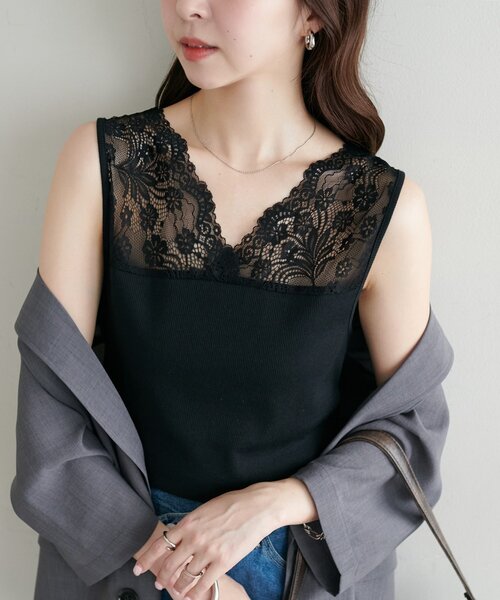 DISCOAT(ディスコート)の「【WEB限定】レースタンクトップ(タンクトップ・レディース・オフホワイト/ブラック・FREE)」の2枚目の写真