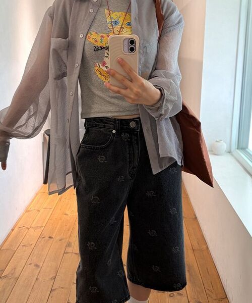 SINOON(シヌーン)の「Patchwork Beads Cat T-Shirt (Melange Grey)(Tシャツ/カットソー・レディース・チャコールグレー・FREE)」の4枚目の写真