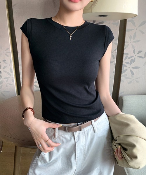 by LEGNA(バイレグナ)の「大人リブフレンチスリーブトップス(Tシャツ/カットソー・レディース・ブラック/グレー・LARGE/SMALL/MEDIUM)」の7枚目の写真