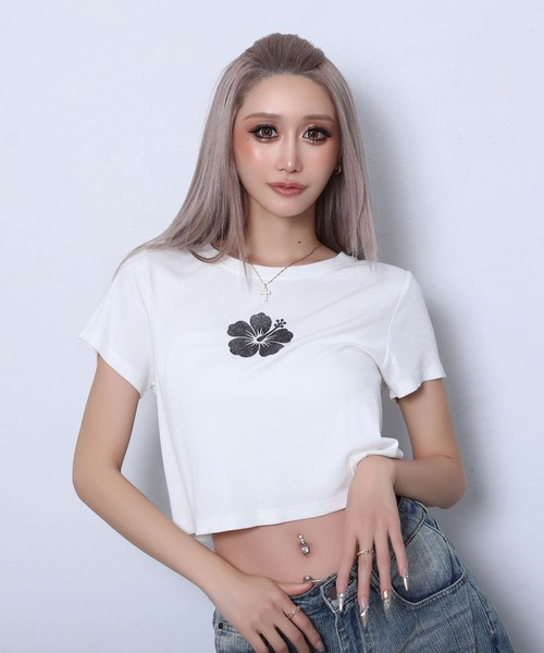 BLACKQUEEN(ブラッククイーン)の「【BLACKQUEEN】ハイビスカスちびTシャツ(Tシャツ/カットソー・レディース・ホワイト/ミント/ブラック・M)」の2枚目の写真