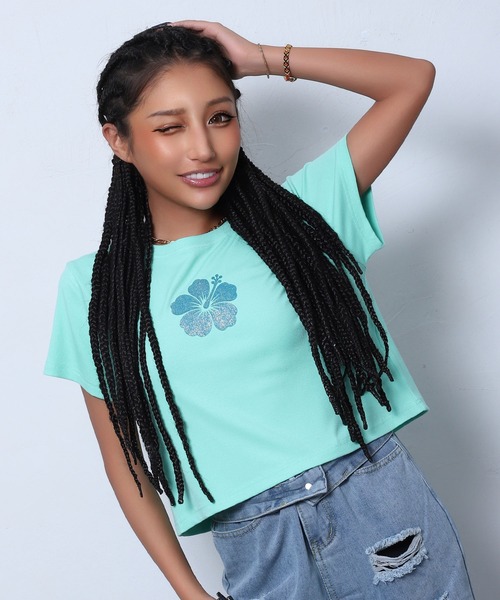 BLACKQUEEN(ブラッククイーン)の「【BLACKQUEEN】ハイビスカスちびTシャツ(Tシャツ/カットソー・レディース・ホワイト/ミント/ブラック・M)」の1枚目の写真