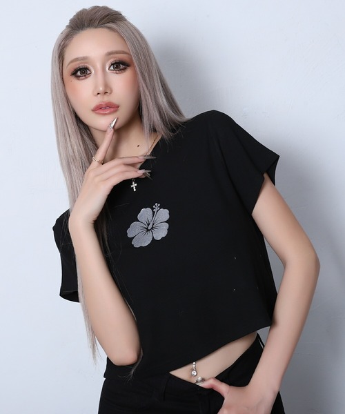 BLACKQUEEN(ブラッククイーン)の「【BLACKQUEEN】ハイビスカスちびTシャツ(Tシャツ/カットソー・レディース・ホワイト/ミント/ブラック・M)」の3枚目の写真