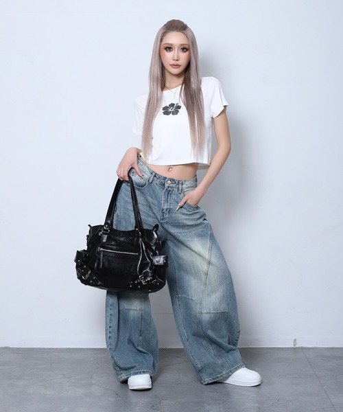 BLACKQUEEN(ブラッククイーン)の「【BLACKQUEEN】ハイビスカスちびTシャツ(Tシャツ/カットソー・レディース・ホワイト/ミント/ブラック・M)」の8枚目の写真