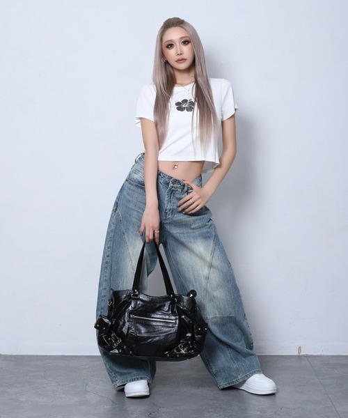 BLACKQUEEN(ブラッククイーン)の「【BLACKQUEEN】ハイビスカスちびTシャツ(Tシャツ/カットソー・レディース・ホワイト/ミント/ブラック・M)」の9枚目の写真