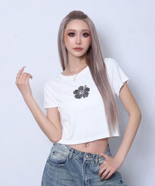BLACKQUEEN(ブラッククイーン)の「【BLACKQUEEN】ハイビスカスちびTシャツ(Tシャツ/カットソー・レディース・ホワイト/ミント/ブラック・M)」の6枚目の写真