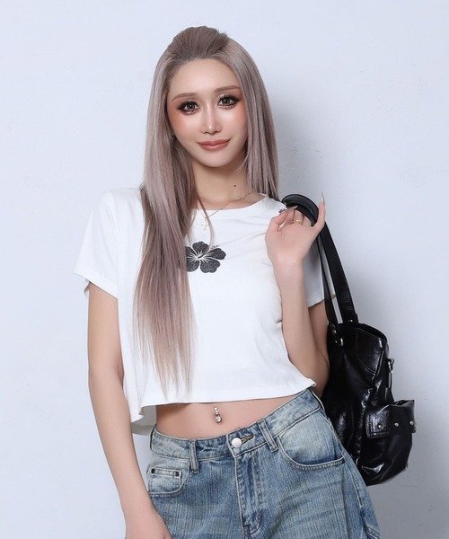 BLACKQUEEN(ブラッククイーン)の「【BLACKQUEEN】ハイビスカスちびTシャツ(Tシャツ/カットソー・レディース・ホワイト/ミント/ブラック・M)」の5枚目の写真