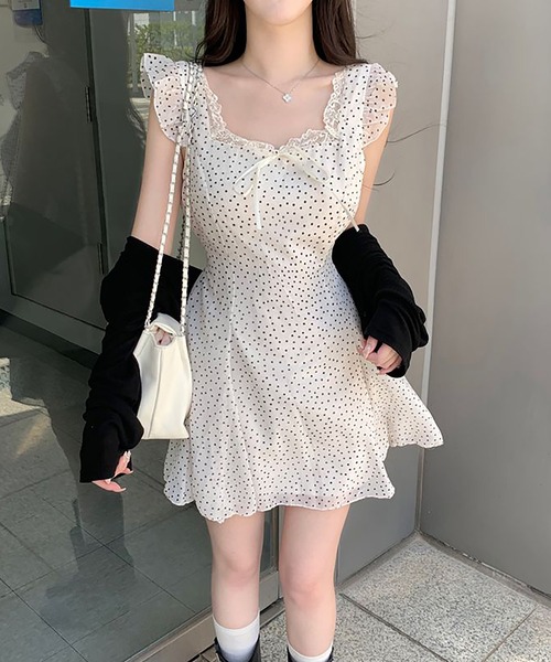 Girly Doll(ガーリードール)の「ドット柄レーストリムシフォンミニワンピース(ワンピース・レディース・ホワイト/ブラック・FREE)」の3枚目の写真