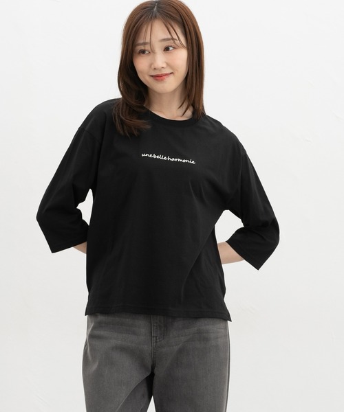 Honeys(ハニーズ)の「7分袖ロゴ刺繍Tシャツ(Tシャツ/カットソー・レディース・ピンク系その他2/マスタード/ブラウン/ブラック/オフホワイト・L/M)」の2枚目の写真