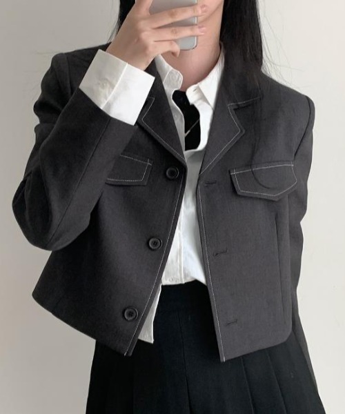 semplice(センプリチェ)の「ショートコート【韓国ファッション】(その他アウター・レディース・ブラック/グレー・F)」の1枚目の写真