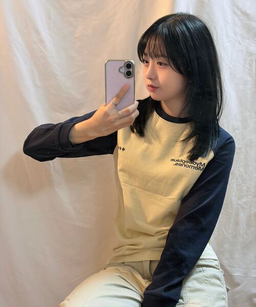 mydeepbluememories(マイディープブルーメモリーズ)の「Mm Symbol Logo Raglan Tee (YELLOW/NAVY)(Tシャツ/カットソー・レディース・イエロー×ブラック・WOMENS/MENS)」の3枚目の写真