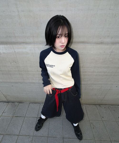 mydeepbluememories(マイディープブルーメモリーズ)の「Mm Symbol Logo Raglan Tee (YELLOW/NAVY)(Tシャツ/カットソー・レディース・イエロー×ブラック・WOMENS/MENS)」の4枚目の写真