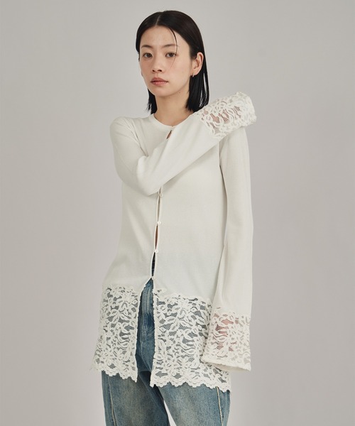 louren(ローレン )の「【louren/ローレン】lace hem knit cardigan/レースヘムニットカーディガン(Tシャツ/カットソー・レディース・ホワイト/ブラック・FREE)」の2枚目の写真