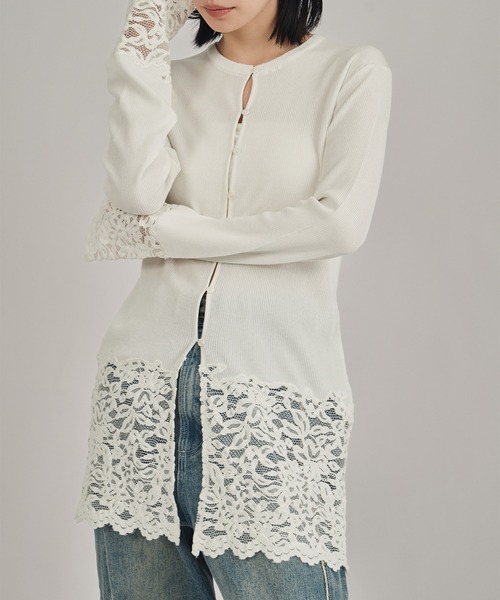 louren(ローレン )の「【louren/ローレン】lace hem knit cardigan/レースヘムニットカーディガン(Tシャツ/カットソー・レディース・ホワイト/ブラック・FREE)」の6枚目の写真
