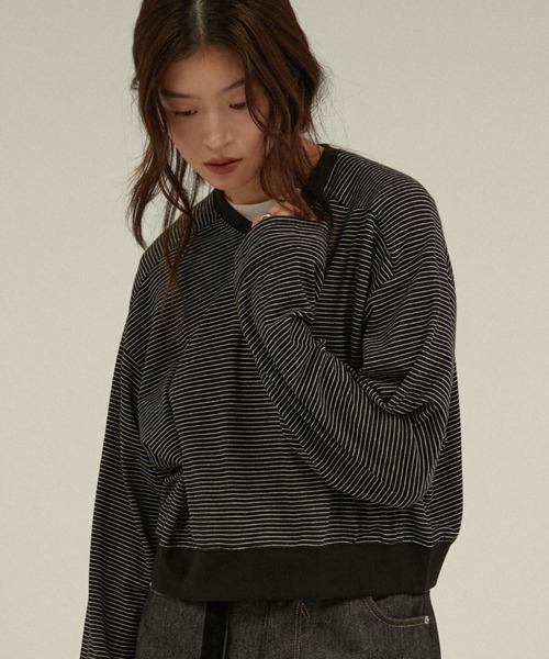 LA PEAU DE GEM(ラポドゥジェム)の「Vネックボーダーカットソー ブリティッシュミリタリーボーダー / 【 LA PEAU DE GEM 】 british military border(Tシャツ/カットソー・レディース・ブラック/グレー・FREE)」の1枚目の写真