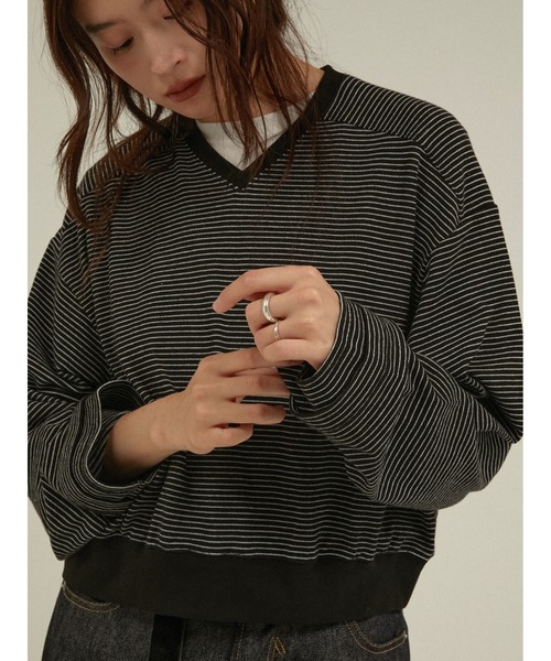 LA PEAU DE GEM(ラポドゥジェム)の「Vネックボーダーカットソー ブリティッシュミリタリーボーダー / 【 LA PEAU DE GEM 】 british military border(Tシャツ/カットソー・レディース・ブラック/グレー・FREE)」の15枚目の写真
