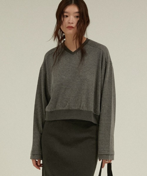 LA PEAU DE GEM(ラポドゥジェム)の「Vネックボーダーカットソー ブリティッシュミリタリーボーダー / 【 LA PEAU DE GEM 】 british military border(Tシャツ/カットソー・レディース・ブラック/グレー・FREE)」の7枚目の写真