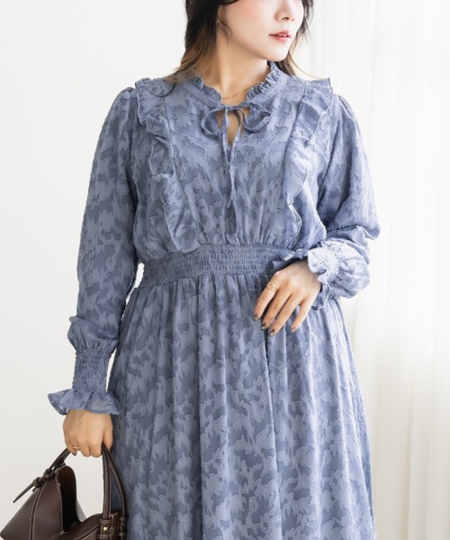CLETTE（クレット）の「シアー花柄長袖フリルワンピース（ワンピース・レディース・ブルー/ネイビー/ピンク・4L/3L/LL）」の7枚目の写真