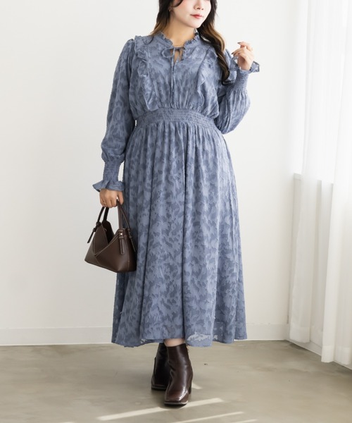 CLETTE（クレット）の「シアー花柄長袖フリルワンピース（ワンピース・レディース・ブルー/ネイビー/ピンク・4L/3L/LL）」の8枚目の写真