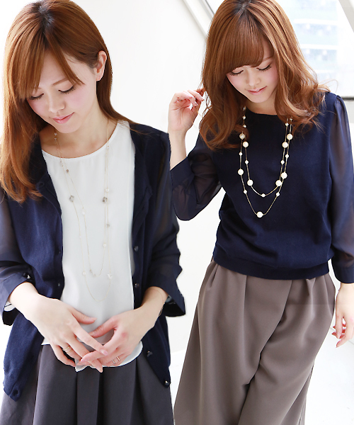 REAL CUBE(リアルキューブ)の「REAL CUBE 袖シフォン 前後リバーシブルカーディガン(カーディガン/ボレロ・レディース・ブラック/キナリ/ネイビー・38)」の1枚目の写真