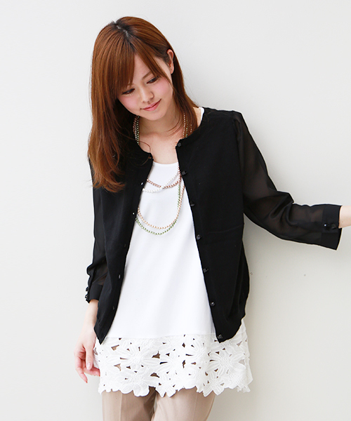 REAL CUBE(リアルキューブ)の「REAL CUBE 袖シフォン 前後リバーシブルカーディガン(カーディガン/ボレロ・レディース・ブラック/キナリ/ネイビー・38)」の8枚目の写真