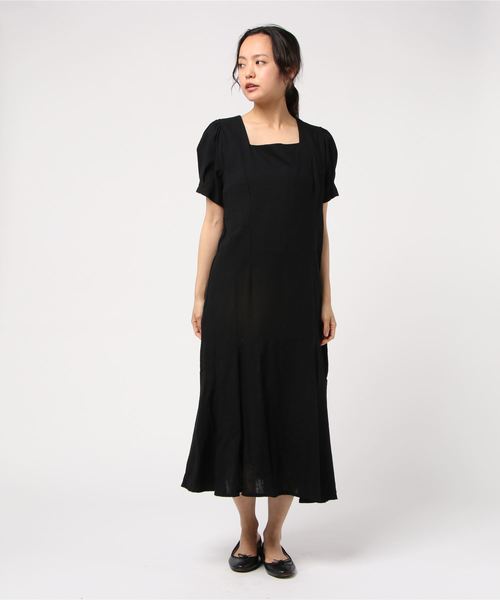 minius（ミニウス）の「リネンブレンド裾切り替えワンピース/レディース ロングワンピース 裾切り替え（ワンピース・レディース・ブラック/ブラウン/モカ・MEDIUM）」の3枚目の写真