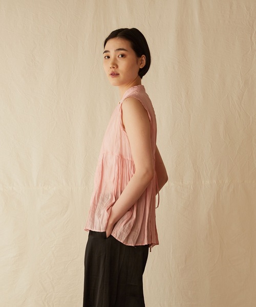 22SS スズキタカユキ スリーブ ブラウス ギャザー シフォン バンドカラー suzuki takayuki（スズキタカユキ）の「chiffon blouse（シャツ