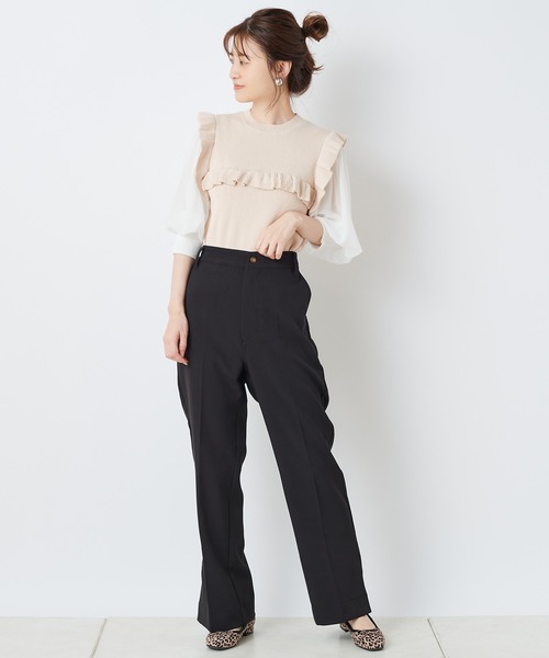 one after another NICE CLAUP（ワンアフターアナザーナイスクラップ）の「リブフリルドッキングニット（ニット/セーター・レディース・アイボリー/ブラック/グレイッシュベージュ・FREE）」の6枚目の写真