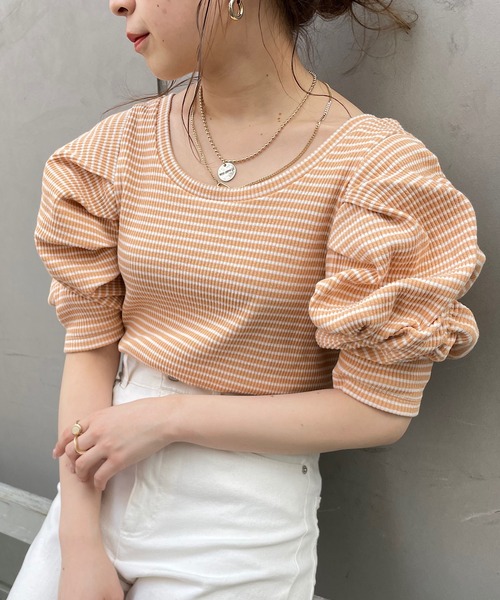 Chico（チコ）の「5分袖スクエアパワショルT/ボーダーT（Tシャツ