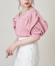 Chico | 5分袖スクエアパワショルT/ボーダーT(Tシャツ/カットソー)