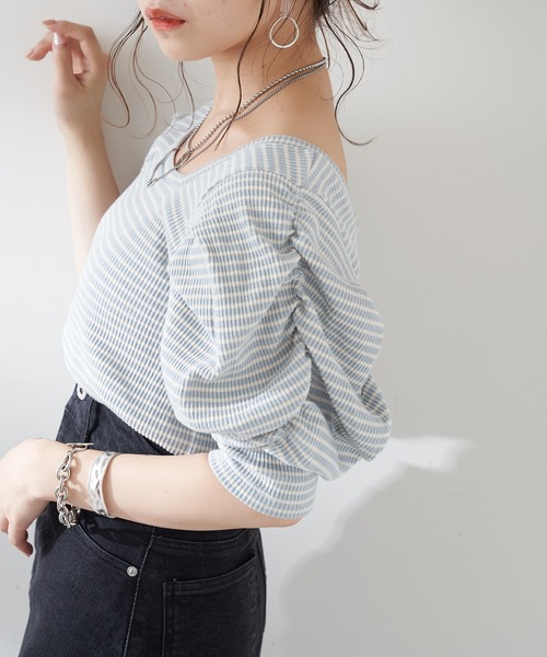 Chico（チコ）の「5分袖スクエアパワショルT/ボーダーT（Tシャツ