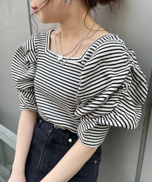 Chico | 5分袖スクエアパワショルT/ボーダーT(Tシャツ/カットソー)