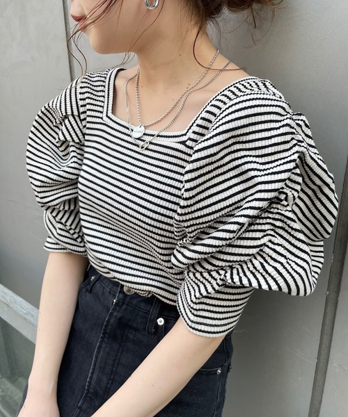 tシャツ Tシャツ 半分袖スクエアパワショルT ボーダーT トップス レディースファッション tシャツ Tシャツ 半分袖スクエアパワショルT ボーダーT トップス